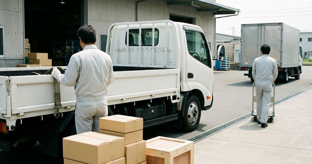 荷台でラッシングベルトを使って固定準備をし、荷役動線を確認している2トントラックの様子