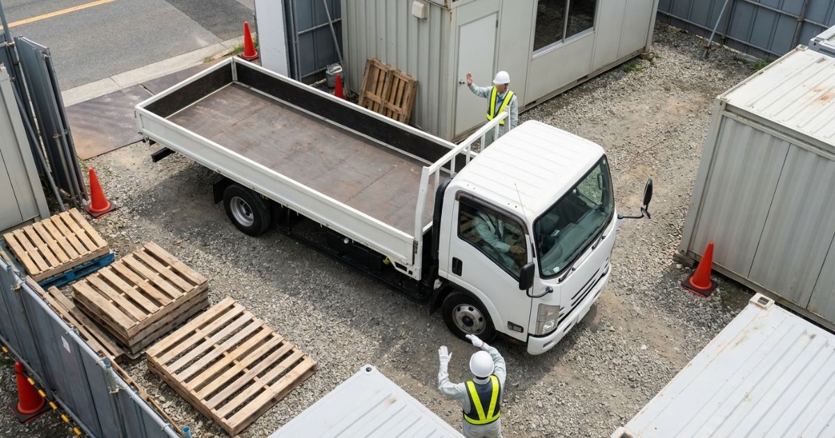 2トントラックのロングボディが現場内の停車位置へ寄せるために切り返しを行うイメージ