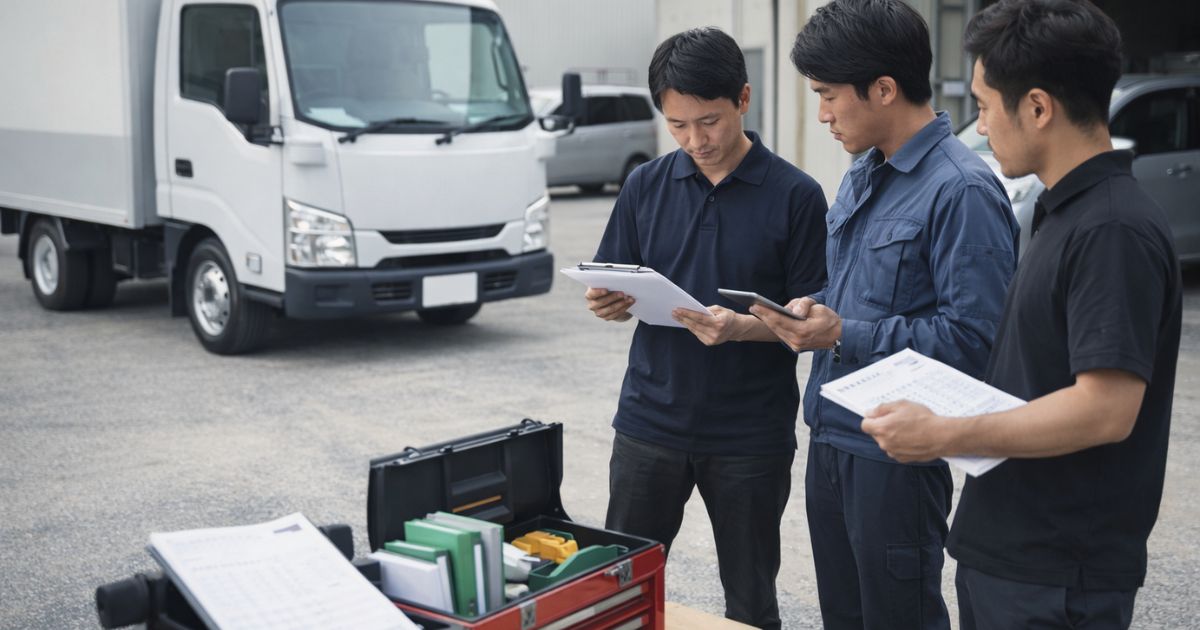 2トントラックの維持費管理と点検確認を行う現場イメージ
