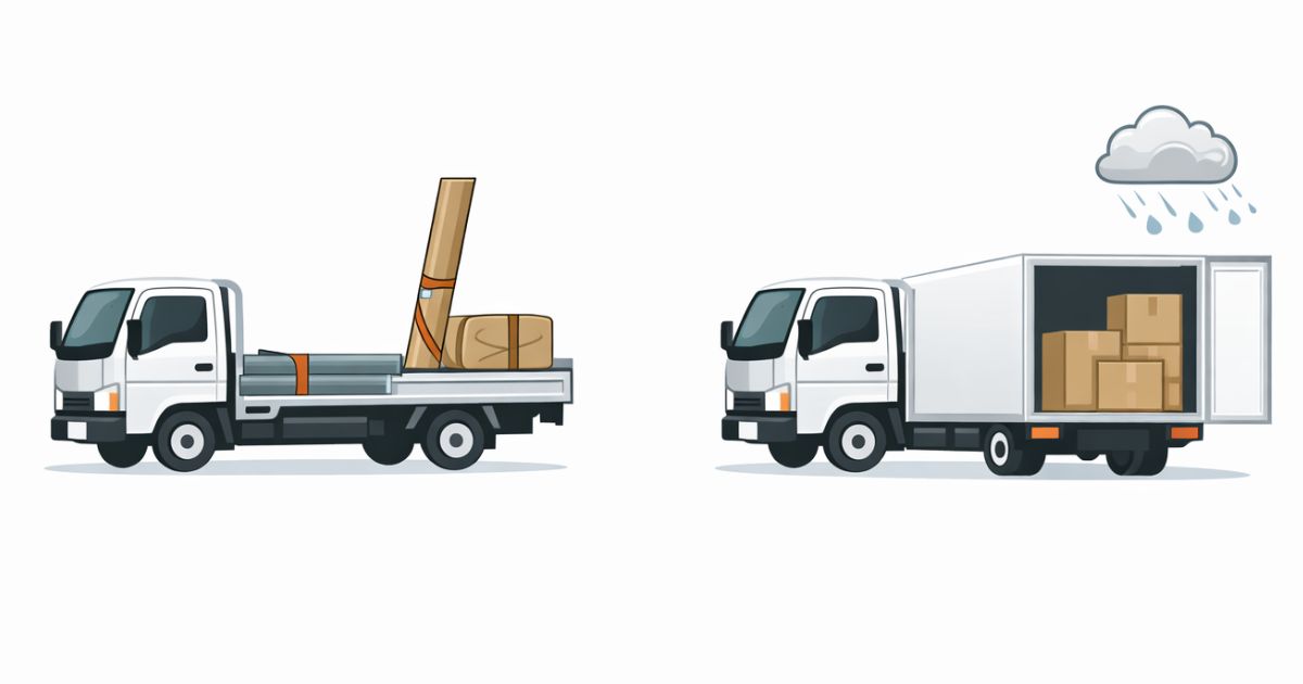 2トントラックの平ボディと箱車の違いを比較した図解