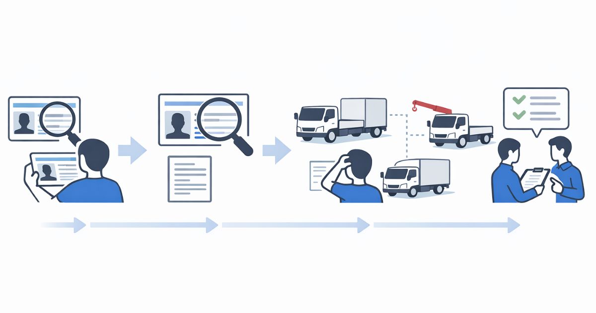 2トントラックの運転可否を手配前に確認する流れを示した図解