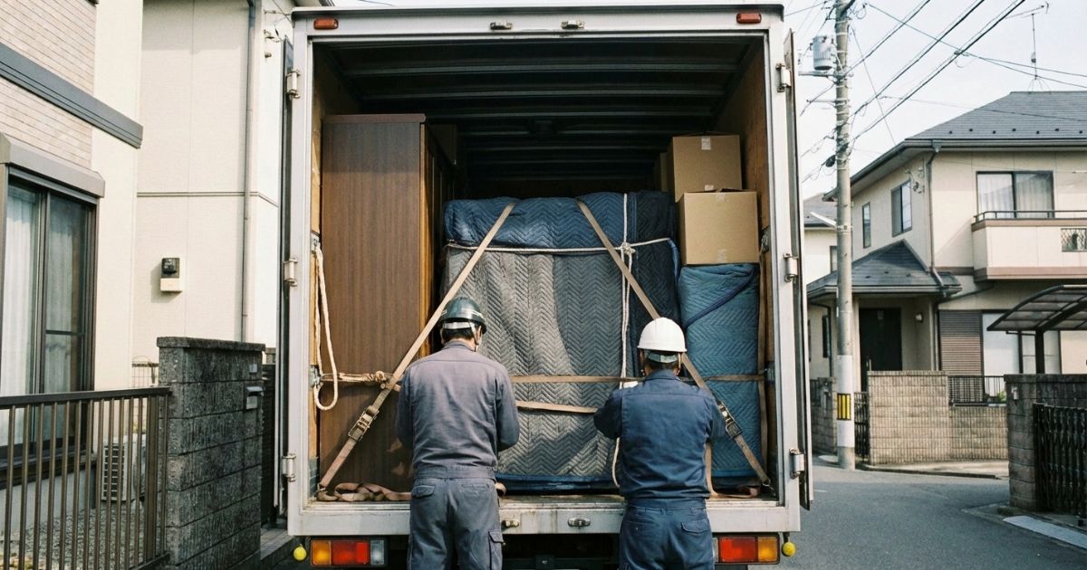 2トントラック引っ越しでロープやベルトを使って荷物を固定している様子