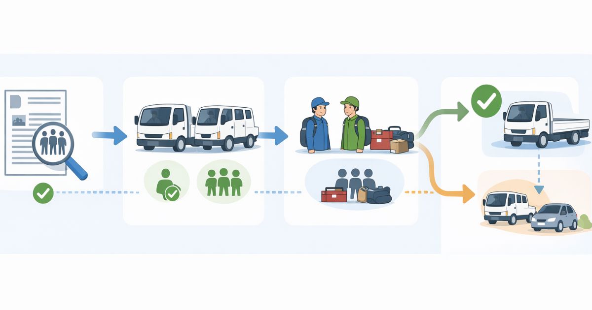 2トントラックの乗車定員確認から分乗判断までの流れを示す図