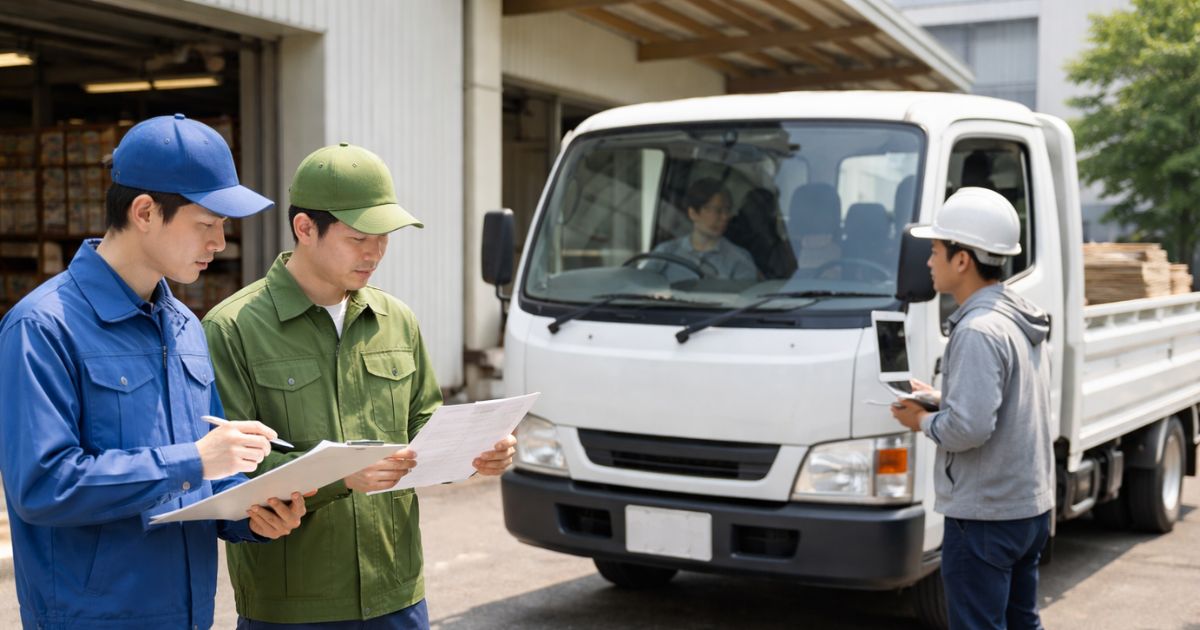 2トントラックの出発前に車検証と同乗人数を確認している現場イメージ
