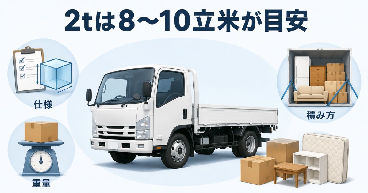 2tトラックは8〜10立米が目安で仕様や重量や積み方の確認が必要なことを示す図解