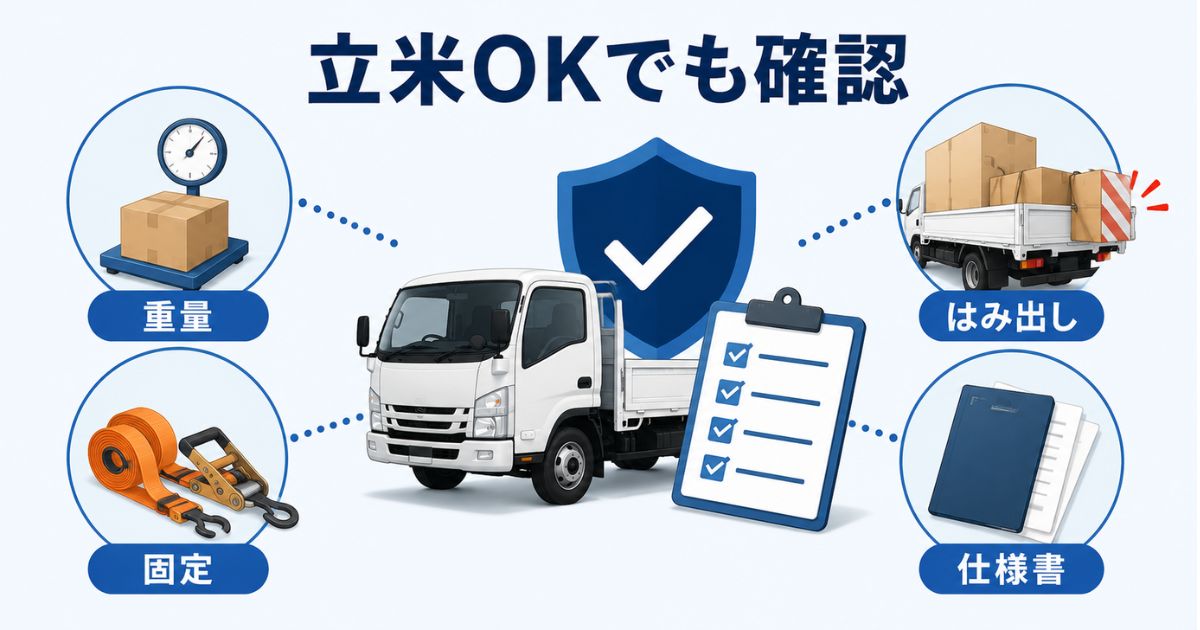 2tトラックで立米だけでなく重量固定はみ出し仕様書確認が必要なことを示す図解