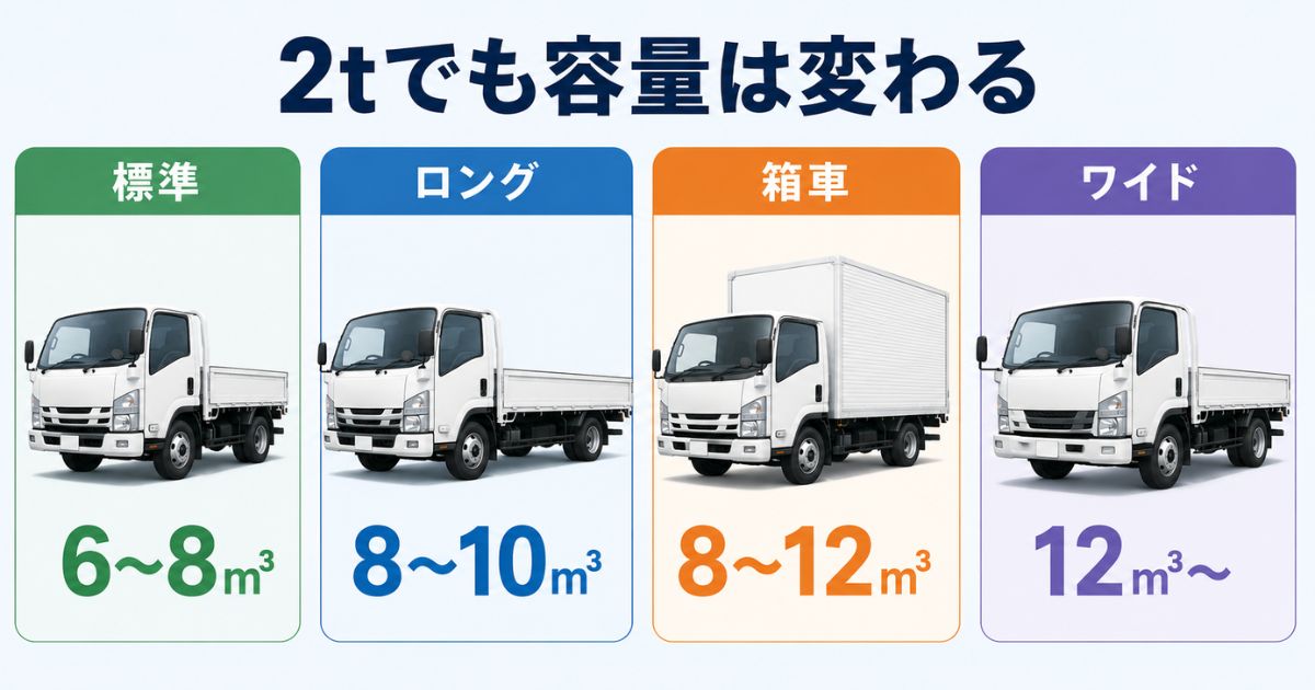 2t標準ロング箱車ワイドで立米目安が変わることを比較する図解