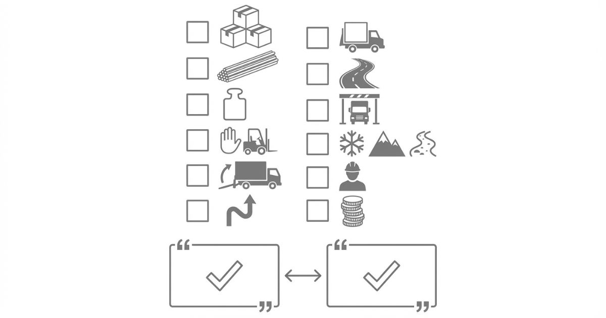 2トントラック新車の購入前に確認すべき項目（用途・荷役・導線・走行条件・運用・費用内訳）を整理したチェックリスト図
