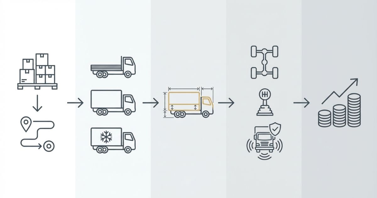 用途→架装→車体仕様→オプション→総コストの順に条件を揃えて新車価格を判断する流れを表した図