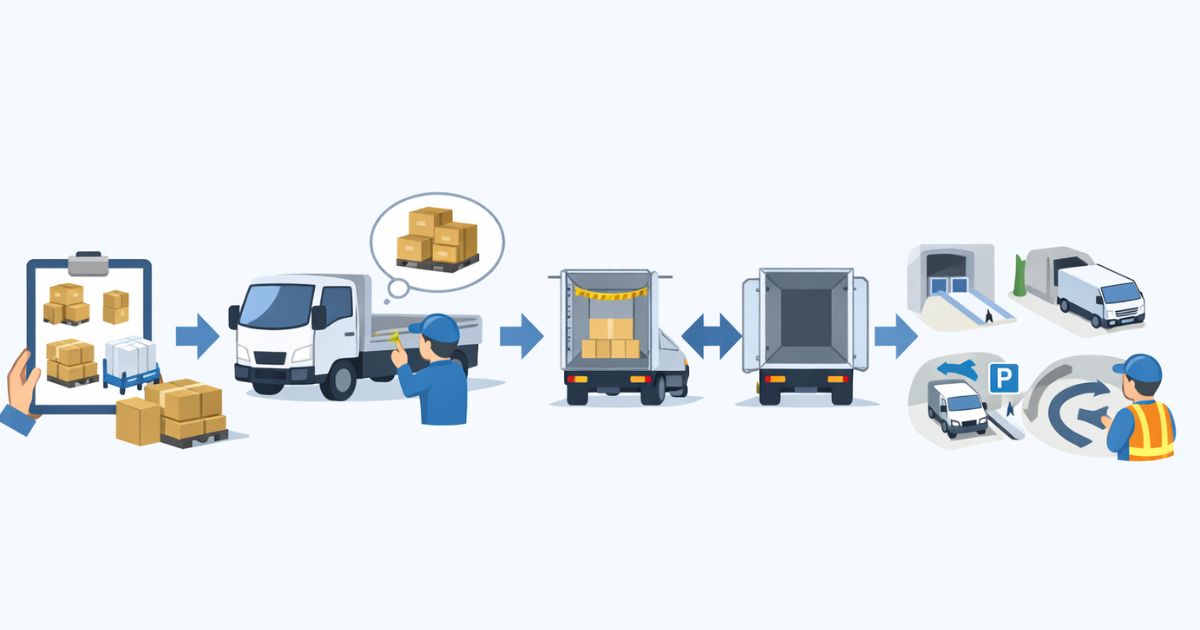 荷物条件から内寸、固定や荷役、外寸確認までの判断順序を示した図解