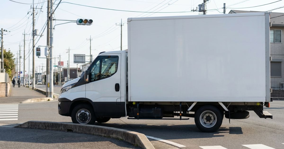 2トントラックの右左折で内輪差に注意し、縁石との距離感を確認している場面