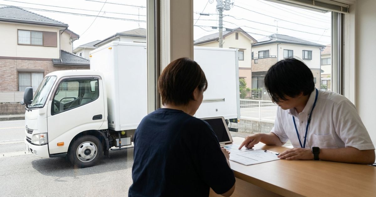 2トントラックの乗り捨て条件を店舗で事前確認している様子