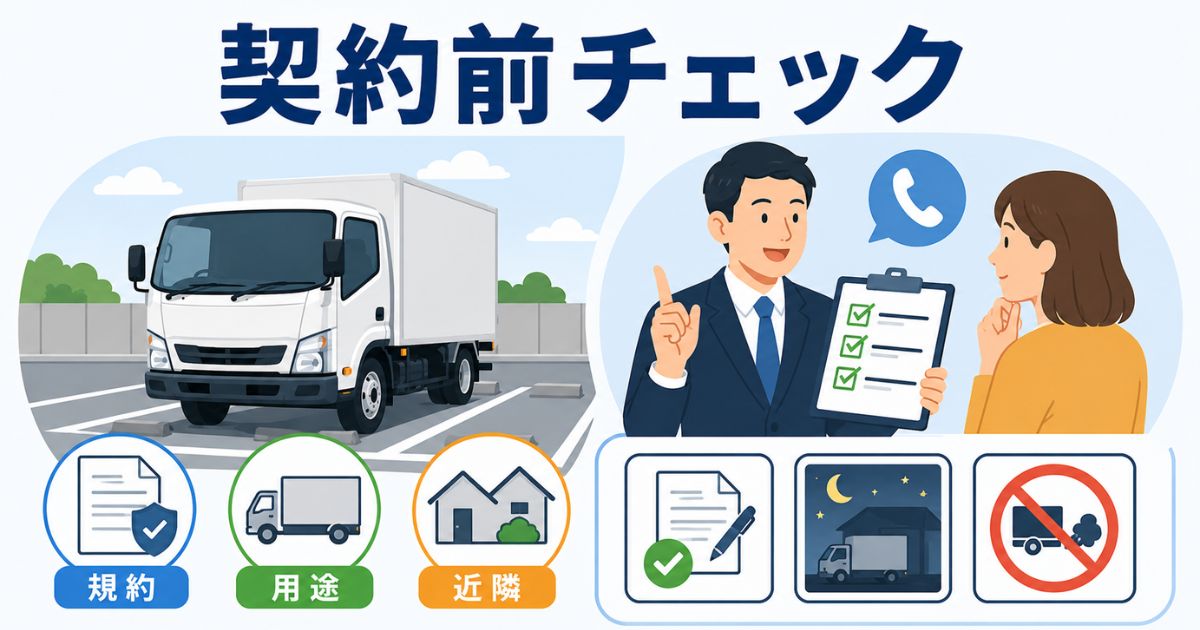 2トントラックの月極駐車場契約前に規約や用途、近隣配慮を確認する図解