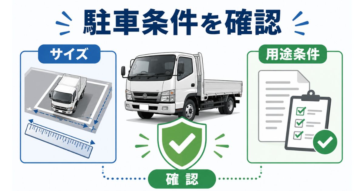 2トントラックの駐車前にサイズや用途、導線、ルールを確認する図解