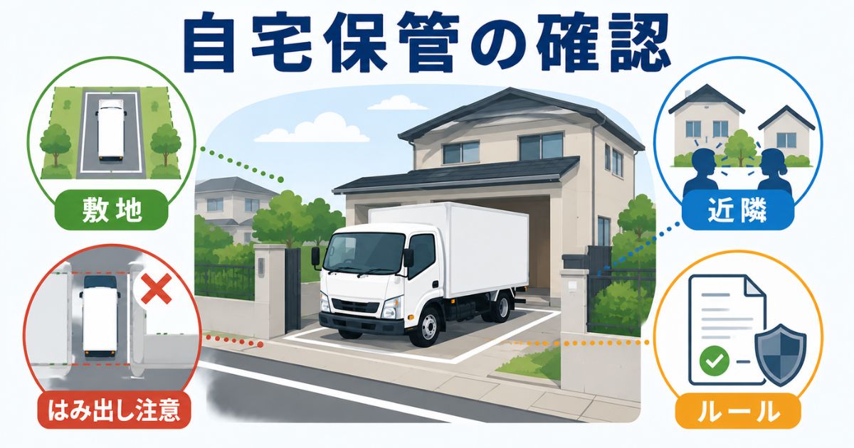 2トントラックを自宅や私有地に保管する前に敷地や近隣、ルールを確認する図解