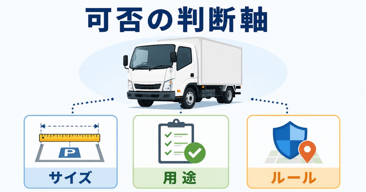 2トントラックの駐車可否をサイズ、用途、ルールの3軸で判断する図解