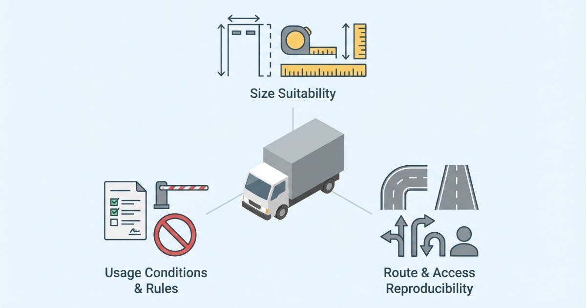 2トントラックの駐車可否をサイズ・規約・導線で判断する図