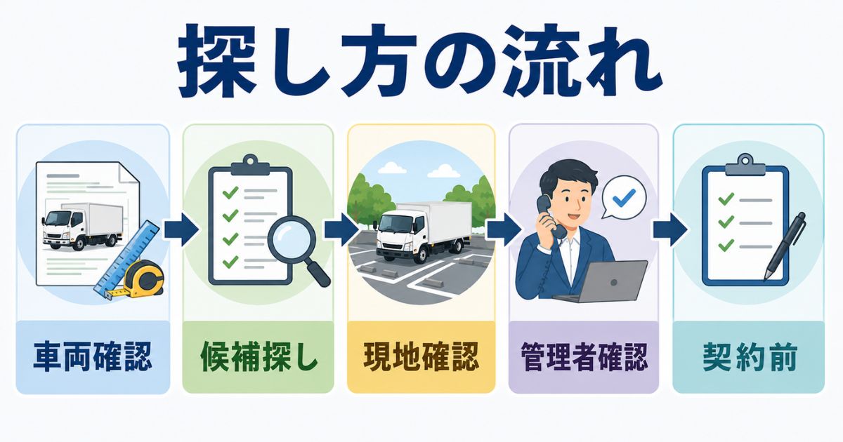 2トントラックの駐車場探しを車両確認から契約前確認まで順番に進める図解