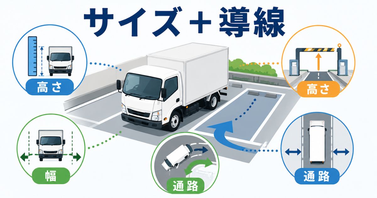 2トントラックの駐車場でサイズと出入口、通路を確認する図解