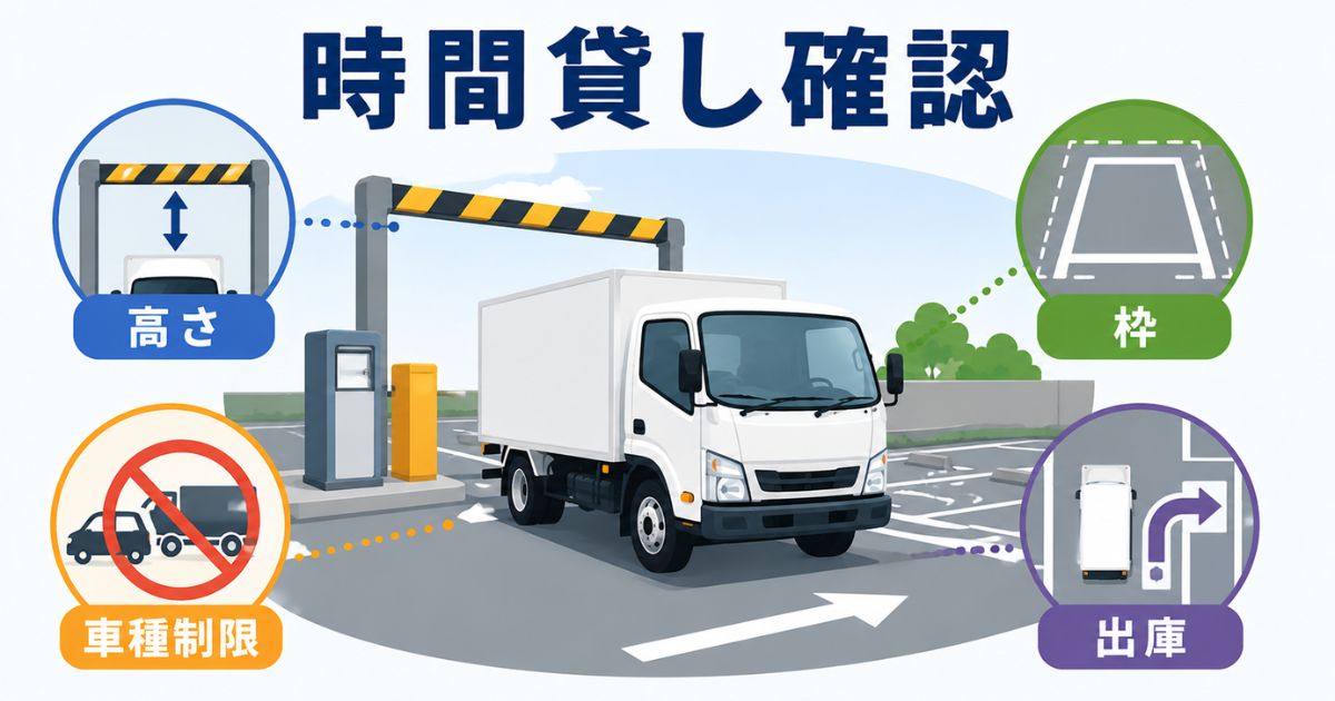 2トントラックで時間貸し駐車場を使う前に高さや枠、出庫導線を確認する図解