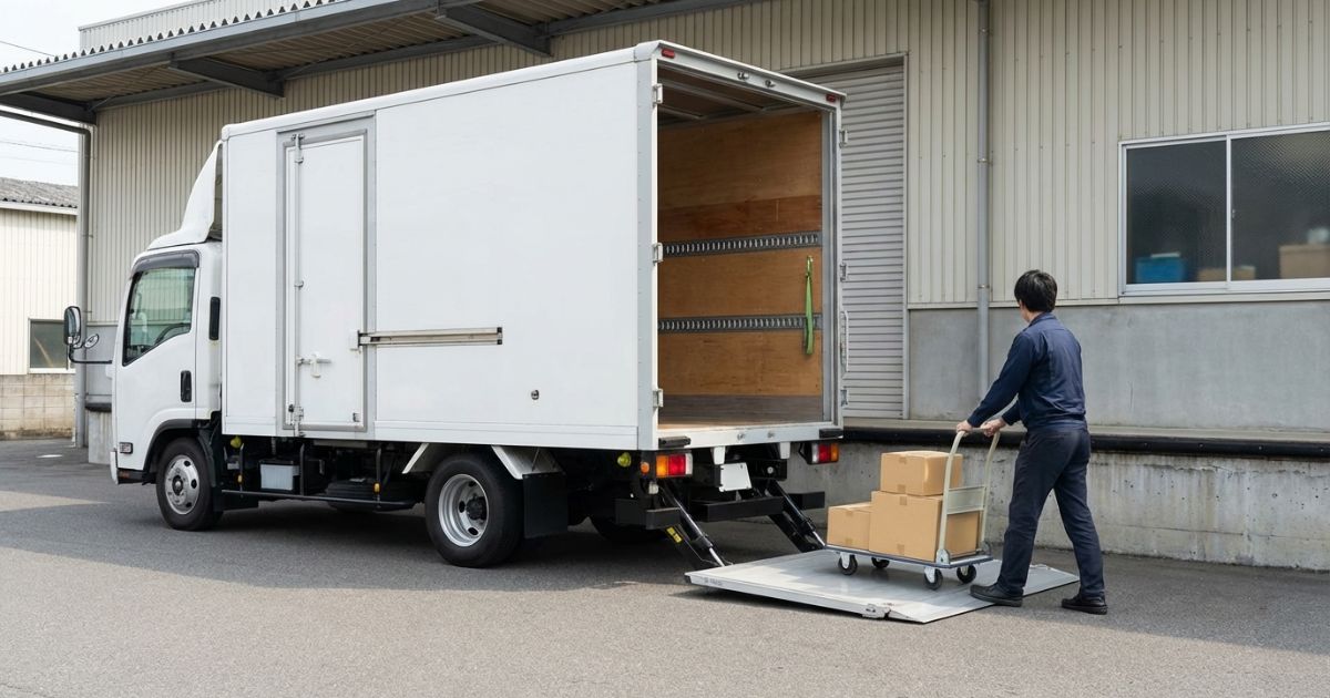 パワーゲートを展開した2トントラックで台車荷役を行い、少人数でも荷下ろししやすいイメージ