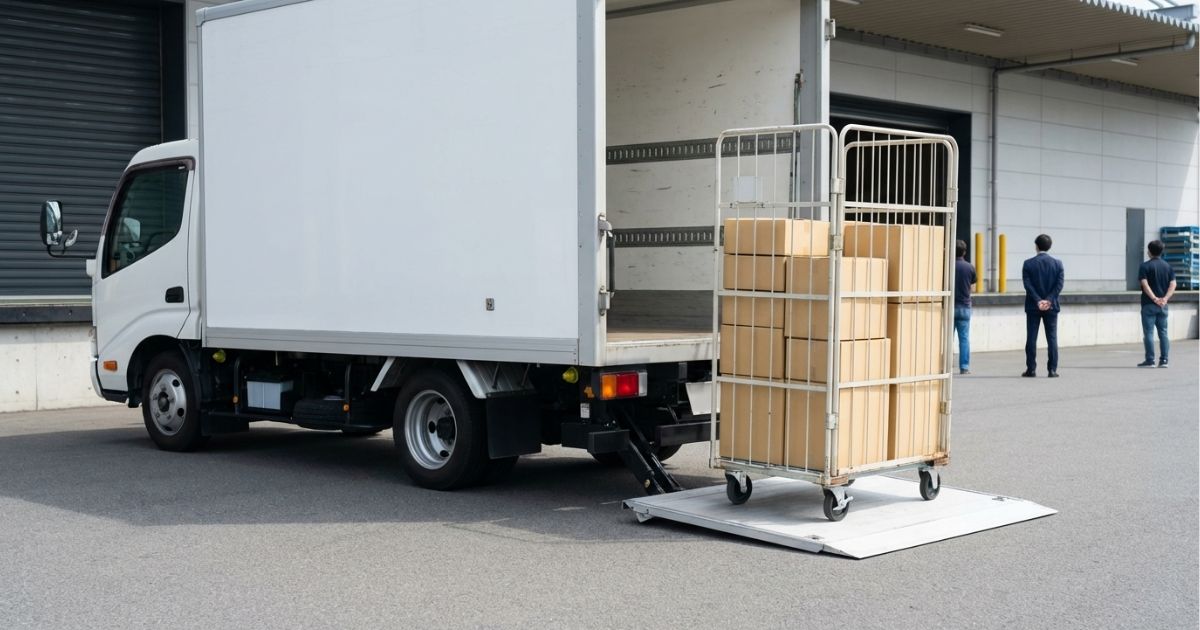 2トントラックのパワーゲートで台車の荷物を地面へ下ろし、段差を解消して荷役している様子