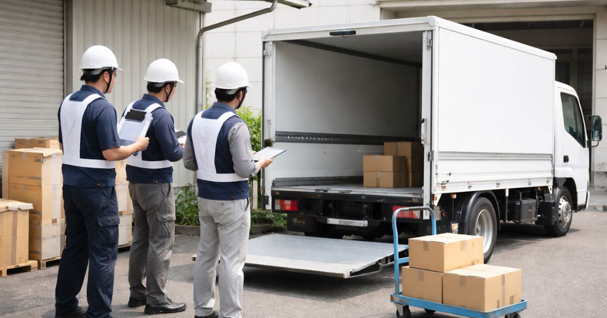 2トントラックのパワーゲート利用前に現場条件を確認している写真