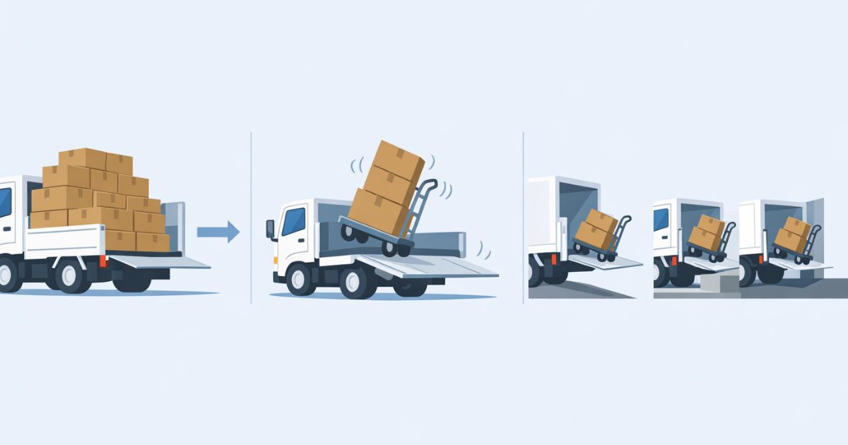 2トントラックのパワーゲート選定で注意したい積載量・耐荷重・路面条件の違いを示す図解