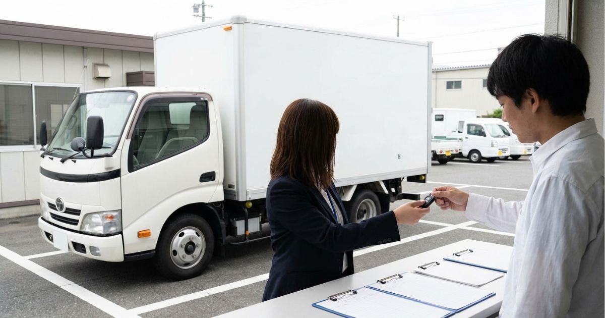 2トントラックをレンタカーで借りる前に受付で条件と総額の確認をしているイメージ