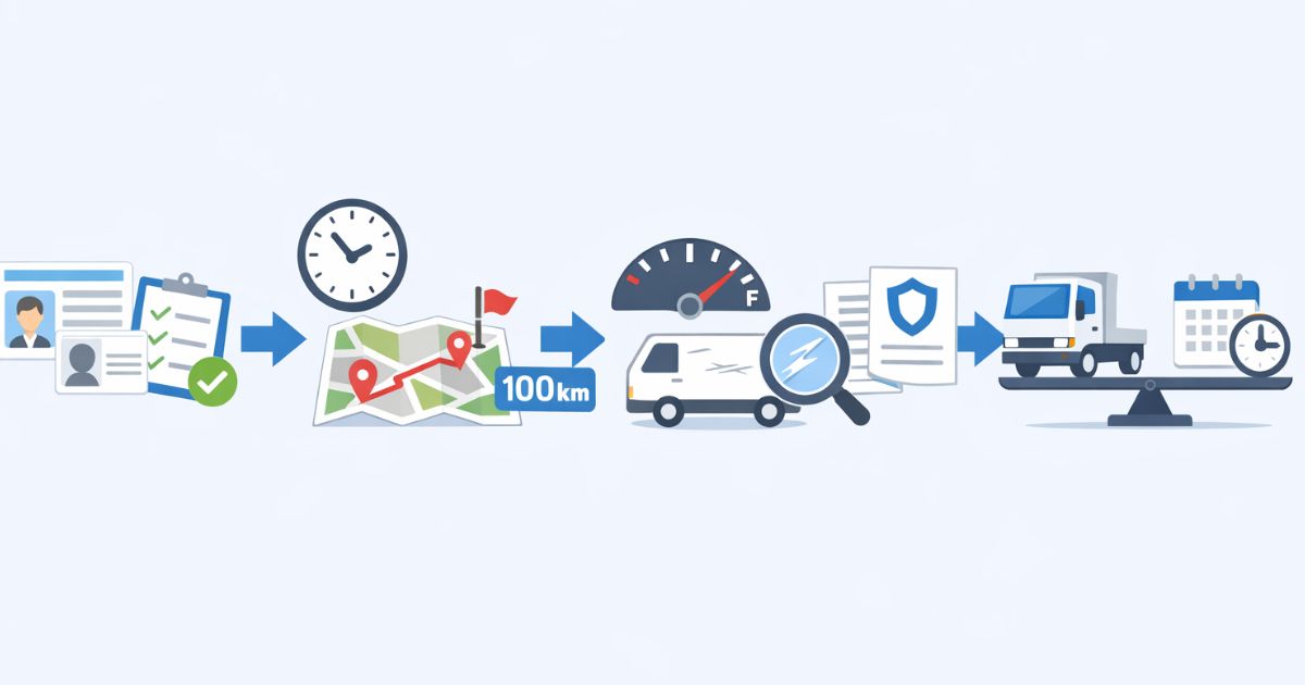2トントラックのレンタカー利用前に確認する流れを示した図解
