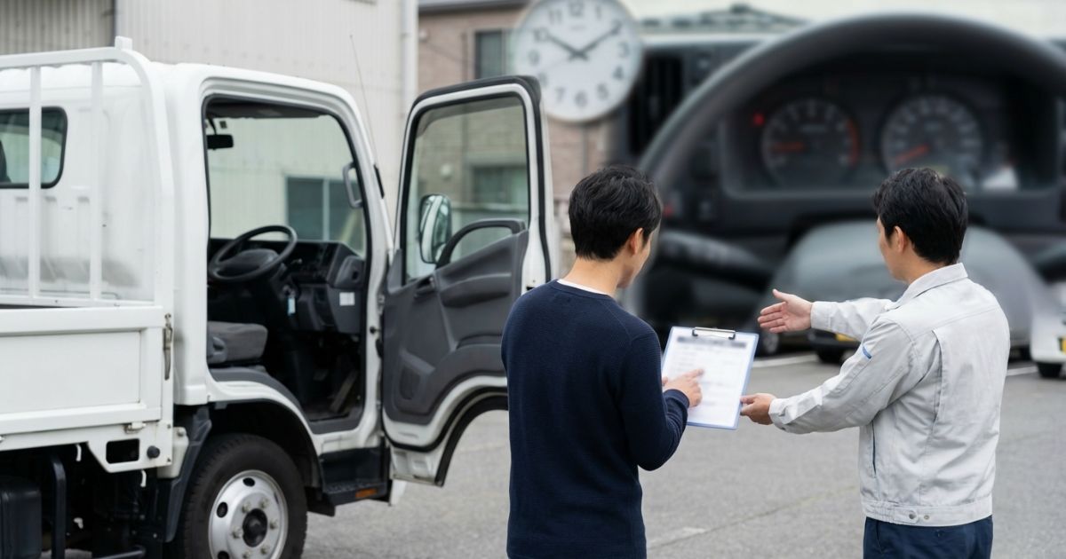 受取時に利用時間や補償条件を確認しながら2トントラックの外観チェックを行う場面
