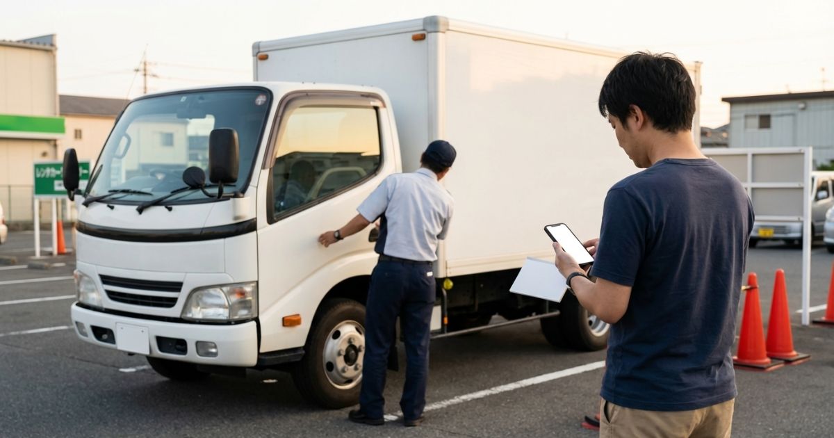 返却時に延長や距離超過の有無を確認しながら2トントラックを返す場面