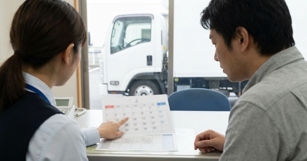 2トントラックの1ヶ月契約で途中解約や延長の条件を相談し総額への影響を確認する場面