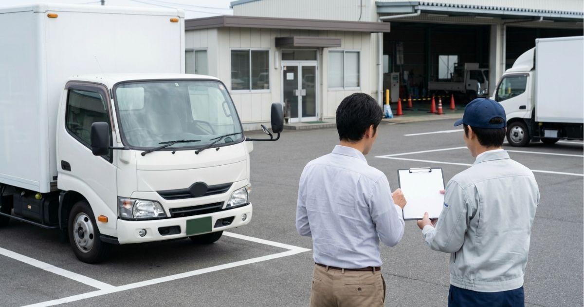 2トントラックを1ヶ月レンタルする契約前に月額と条件を確認している様子