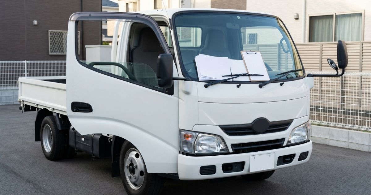 レンタルヤードで停車中の無地の2トントラックと、白紙の書類が置かれた車内の様子