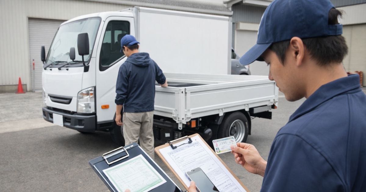 2トントラックの貸出条件や必要書類を現場で確認しているイメージ