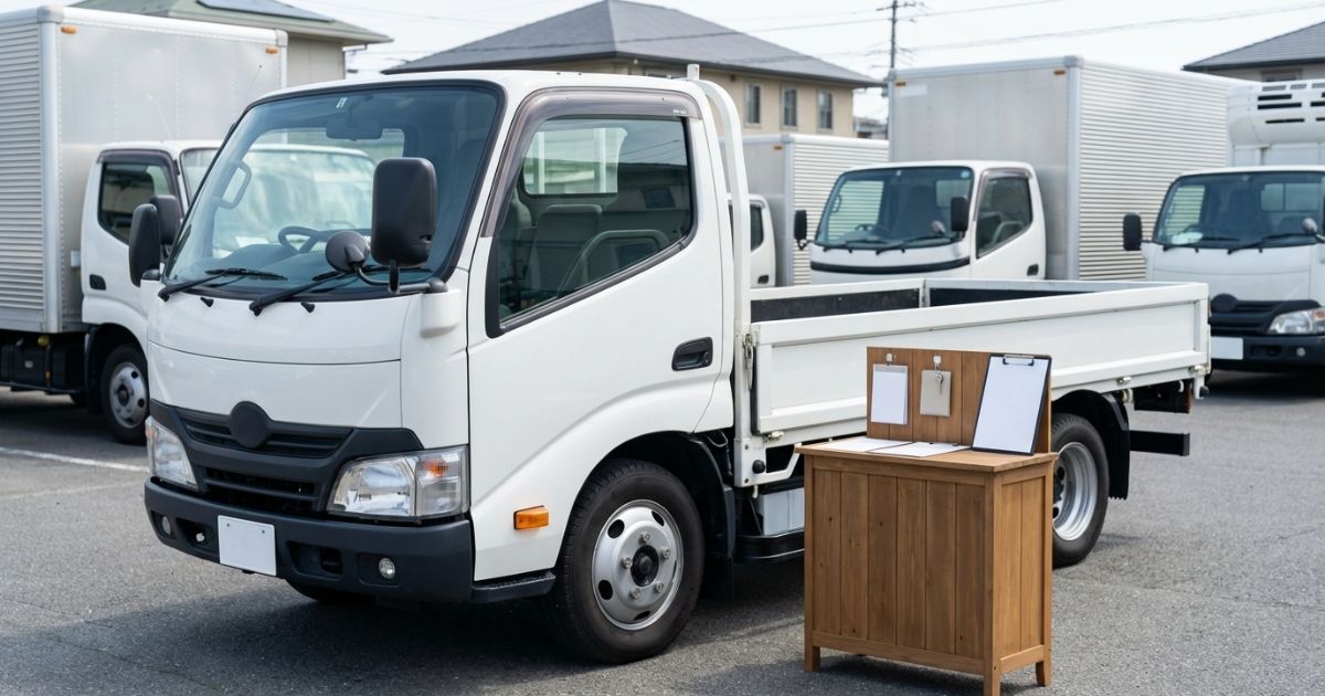 レンタル会社の屋外で2トントラックを受け取り前に準備物を確認しているイメージ