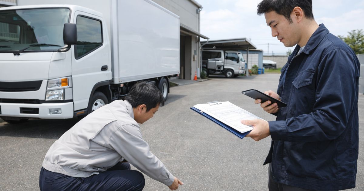 2トントラックの返却前に契約条件と車両状態を確認している現場イメージ