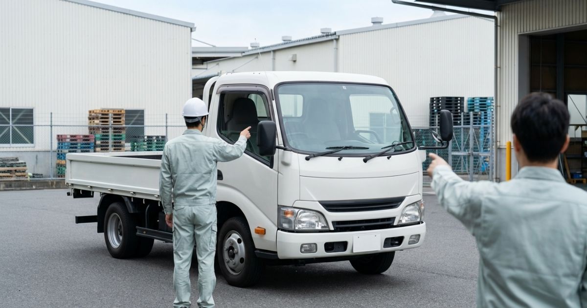 バックの前に停止し、運転手が降車して後方を目視確認してから誘導を含めて入れ直そうとしている場面