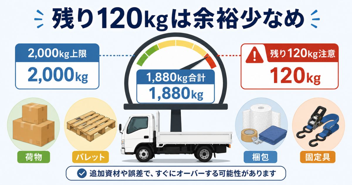 最大積載量2000kgに対して合計1880kgで残り120kgしかない注意点を示した図