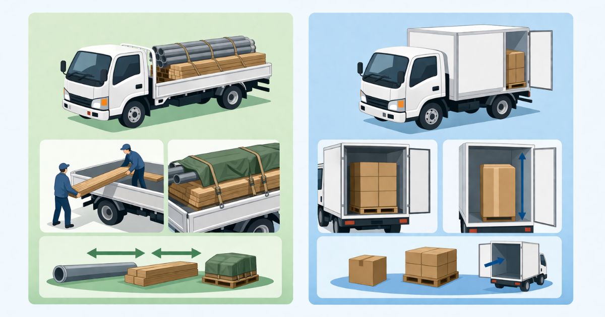 2トントラックの平ボディと箱車の違いを比較した図