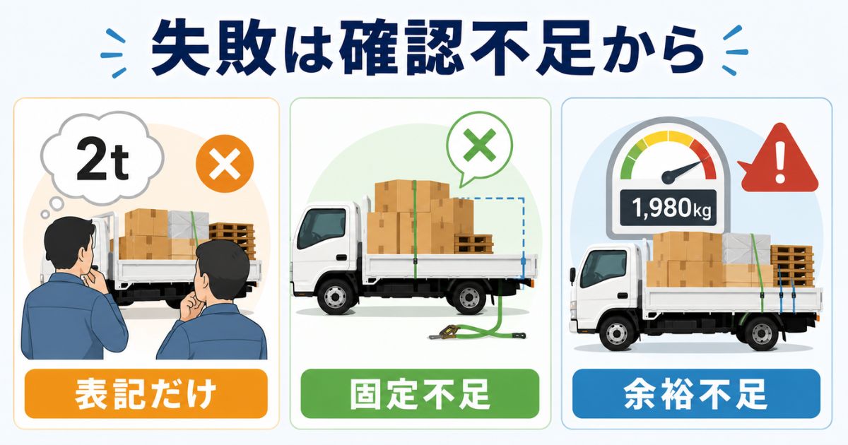 2トントラックの積載量判断で起きやすい表記判断・固定不足・余裕不足の失敗例を示した図