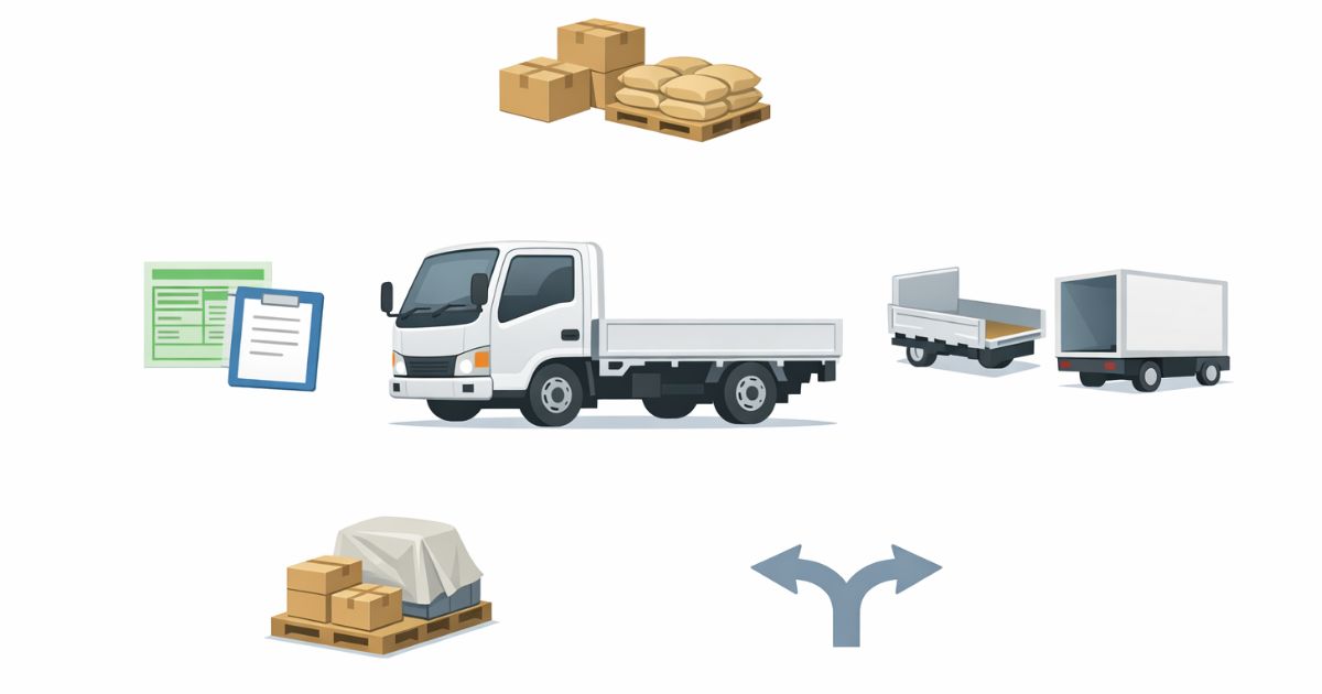 2トントラックの積載量を判断するための確認軸を整理した図