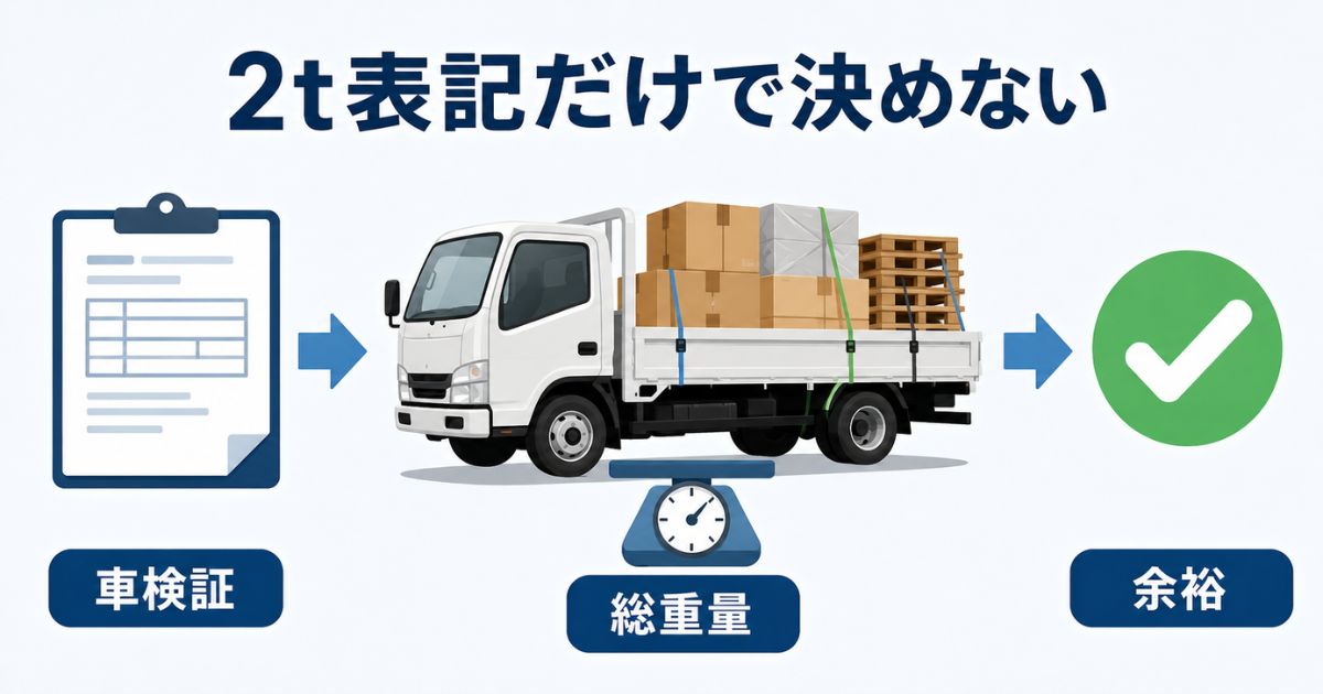 2トントラックの積載量を車検証、総重量、余裕の順に確認する流れを示した図
