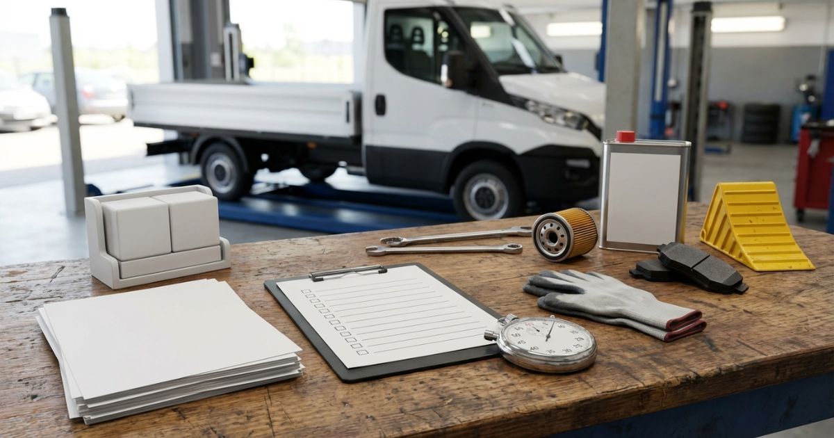 2トントラック車検の準備と段取りを連想させるチェックリストと整備用品の写真