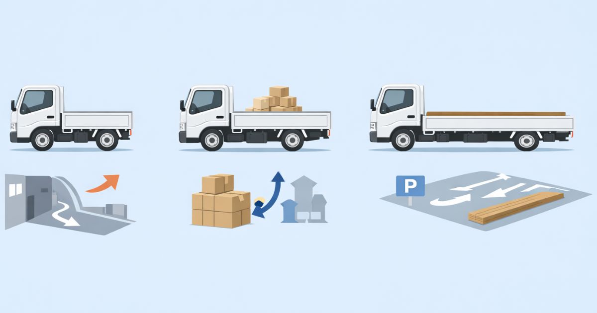 2トントラックのショートと標準・ロングの違いを比較した図解