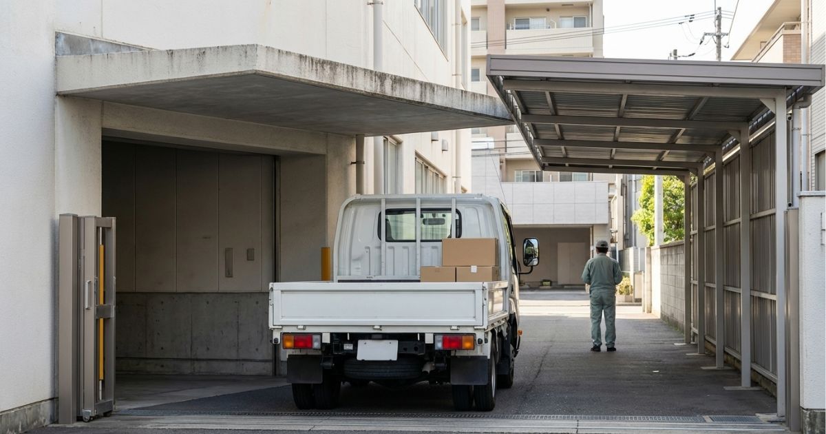 2トントラックのサイズ（全長・全幅・全高）と高さ制限を確認する搬入イメージ