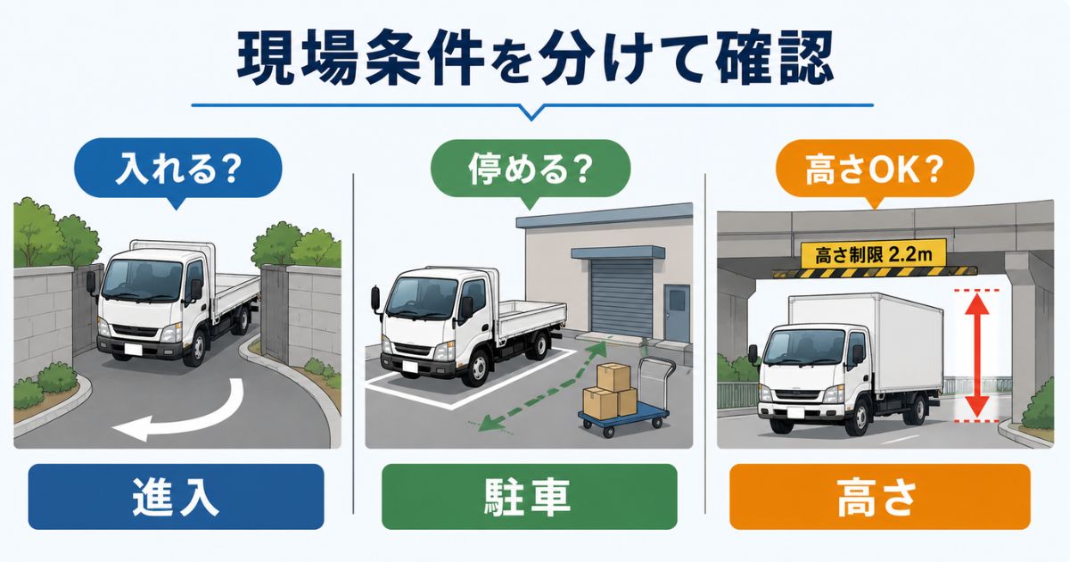 2トントラックで進入・駐車・高さ制限を分けて確認する図解