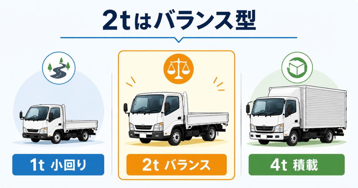 1t・2t・4tトラックのサイズ感と用途の違いを比較した図解