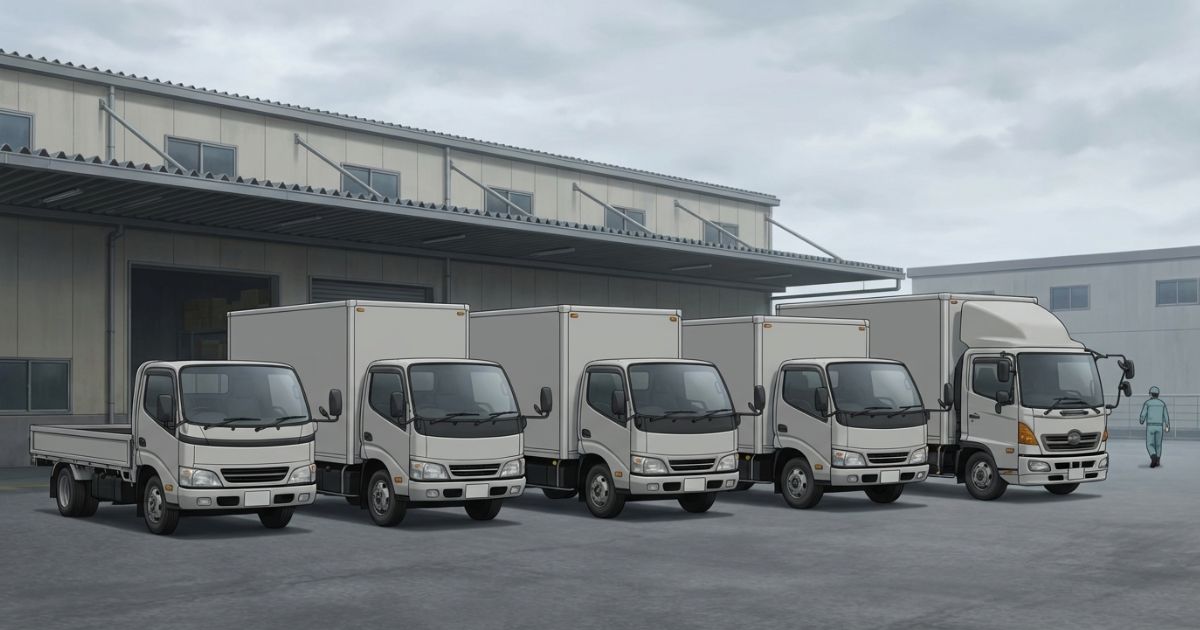 2トントラックの標準・ロング・ワイドと平ボディ・箱車のサイズ差を比較するイメージ